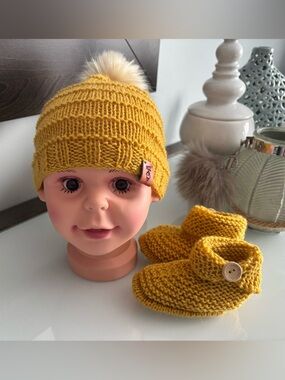 Mustard Yellow Knit Baby Beanie with Pom Pom with booties set